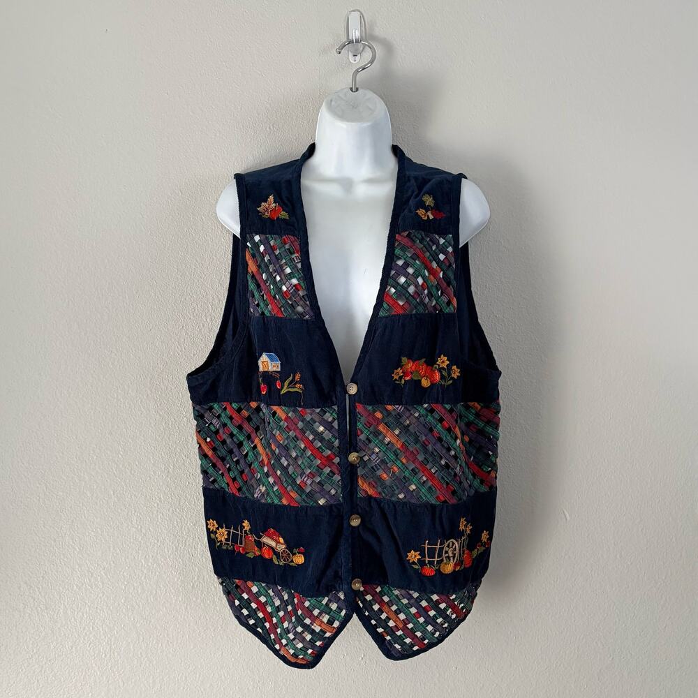 Vintage Fall Halloween Corduroy Navy Vest Harvest Woven Plaid Kitsch Size 18